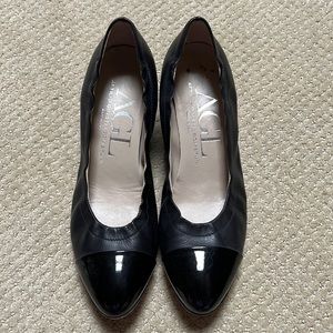 Black AGL leather and patent ballet wedges with snakeskin detail. Size 38.5
